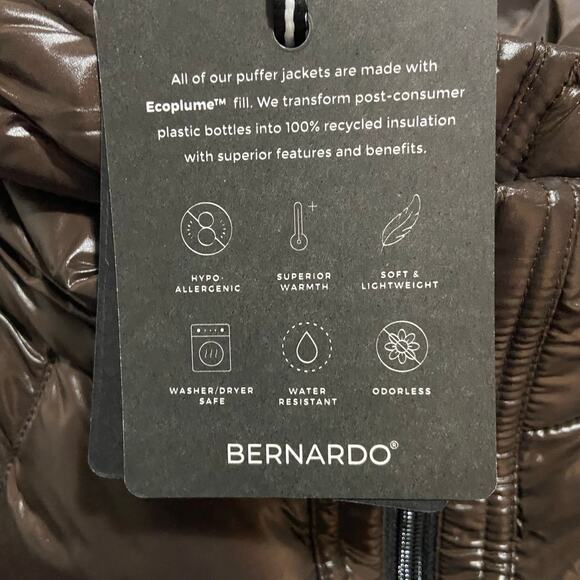 Bernardo Chocolate Hooded Water Resistant Packable Puffer Jacket, Sz M -- NWT - Picture 2 of 16
